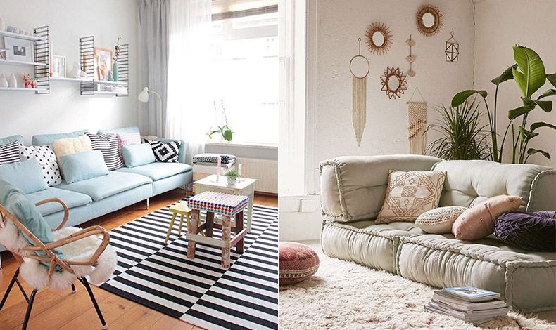 Διαφορετικά υφάσματα για τον καναπέ, την πολυθρόνα και φυσικές ίνες στο χαλί // Βελούδινος καναπές, γούνινο χαλί και διάφορα υφάσματα για τα διακοσμητικά μαξιλαράκια