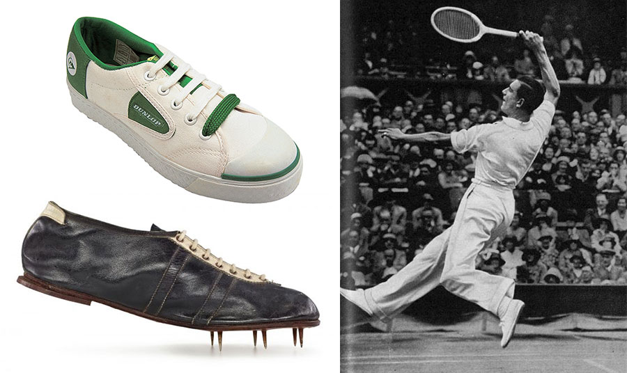 Η Dunlop κυκλοφόρησε το εμβληματικό πλέον, Green Flash μοντέλο το 1929, το οποίο φορούσε ο θρύλος του τένις Fred Perry στο Wimbledon (δεξιά) // Η adidas δημιούργησε το πρώτο παπούτσι με δερμάτινη σόλα και σφυρήλατα στο χέρι καρφιά