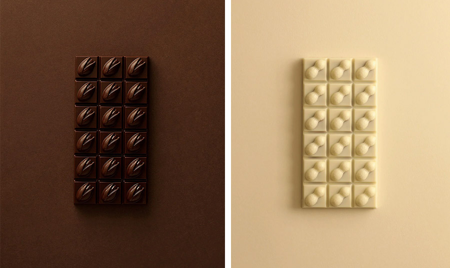 Μαύρη σοκολάτα με φυστίκια // Πραλίνα λευκής σοκολάτας © Cédric et la Chocolaterie