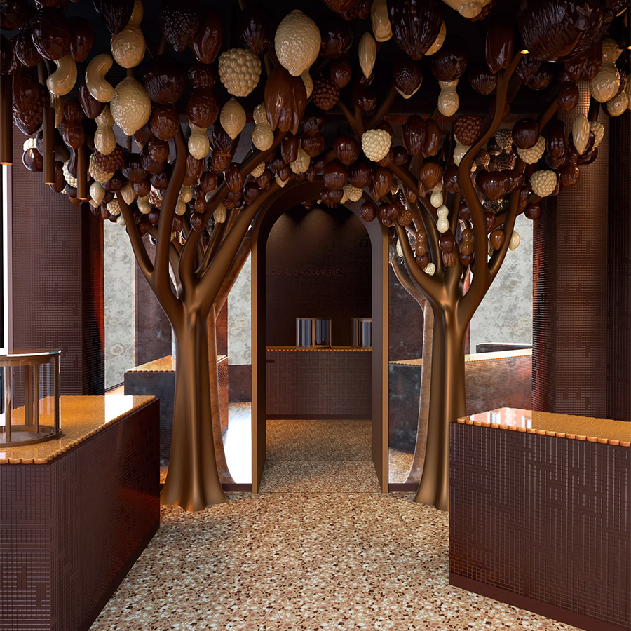 600 φρούτα σοκολάτας (ψεύτικα) κρέμονται από την οροφή © Cédric et la Chocolaterie