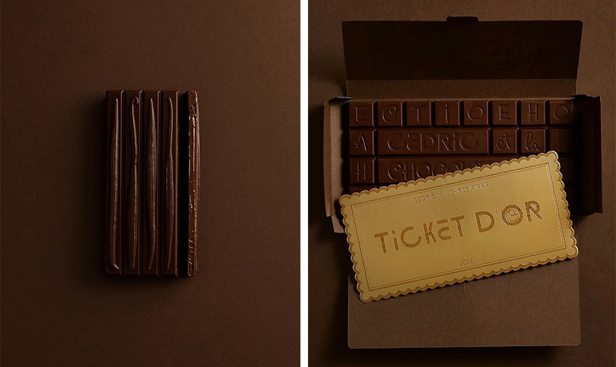 Μπάρα σοκολάτας γκανάς // Ένα από τα «χρυσά εισιτήρια» έχουν κρυφτεί τυχαία μέσα στις σοκολάτες © Cédric et la Chocolaterie