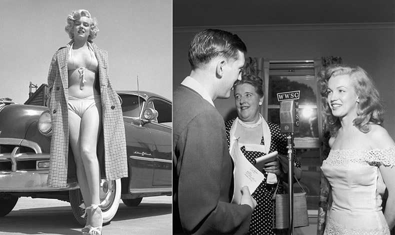 Η Μέριλιν ποζάρει με μπικίνι μπροστά από μία Pontiac στο Λος Άντζελες το 1950 // Στον ραδιοφωνικό σταθμό Williamsburg στο Μπρούκλιν το 1949