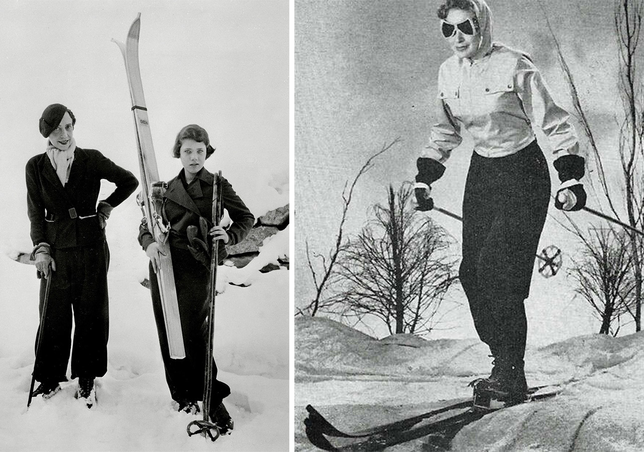 Η Elsa Schiaparelli κάνοντας σκι στο St Moritz με την κόρη της Gogo το 1934 PHOTO FACEBOOK INTERNATIONAL COUNCIL OF DESIGN //  Ρούχα για σκι Schiaparelli Ski του 1939 σε διαφήμιση του Ski Illustrated