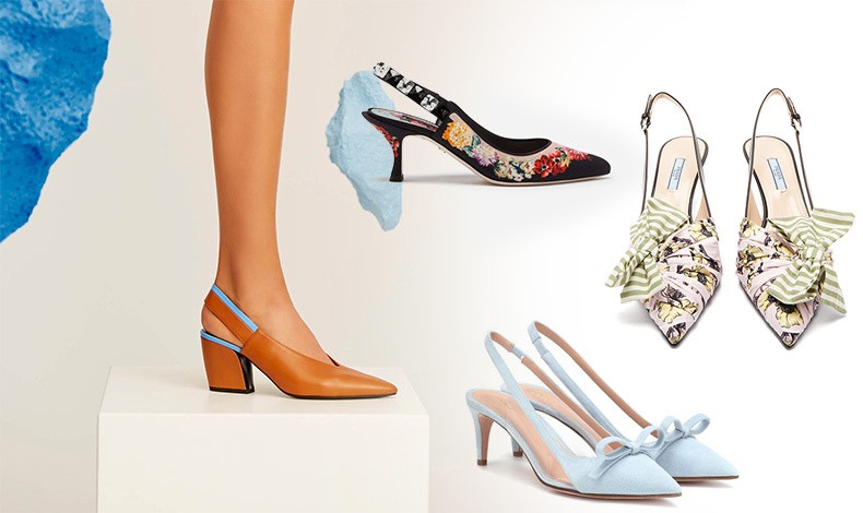 Τα ξώφτερνα παπούτσια είναι μία από τις τάσεις της άνοιξης// Με χοντρό τετράγωνο τακούνι, Pierre Hardy // Με λουλούδια, Dolce&Gabbana // Από ύφασμα και φιόγκους, Prada// Σε παστέλ γαλάζιο, RedV