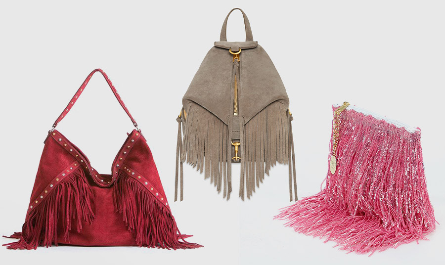 Oι τσάντες με κρόσσια είναι ο εύκολος τρόπος να υιοθετήσετε την τάση από το πρωί έως το βράδυ! Κόκκινη σουέντ, Pia Sassi // Σουέντ σε ουδέτερη απόχρωση, Rebecca Minkoff // Βραδινή φούξια, Pho Firenze