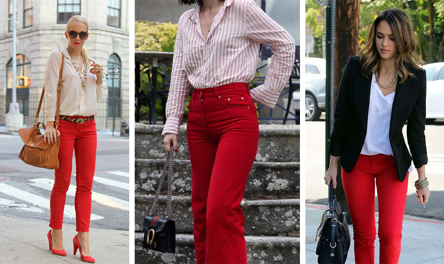 Για τις πιο τολμηρές, η επιλογή ενός κόκκινου τζιν είναι… μονόδρομος! Συνδυάστε το με ένα κρεμ πουκάμισο και ψηλοτάκουνες κόκκινες γόβες, με ένα ριγέ πουκάμισο για όλες τις ώρες ή με ένα λευκό τοπ και μαύρο σακάκι για τις βόλτες σας