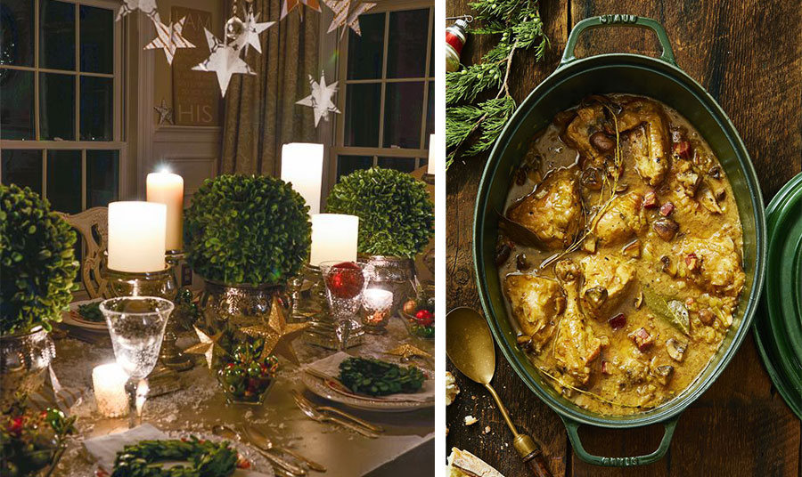 tefal-20xmas-kokkoras-krasatos Κρεμάστε από το φωτιστικό μερικά αστράκια και σκορπίστε μερικά χρυσά αστέρια στο τραπέζι. Συνδυάστε χαμηλά βάζα με πράσινα κλαράκια και λευκά κεριά // Ένα αριστουργηματικό πιάτο της γαλλικής κουζίνας που ταιριάζει και στον ελληνικό… ουρανίσκο: Κρασάτος κόκορας, αλλά για την… κομψότητα, η συνταγή με ροζέ κρασί!