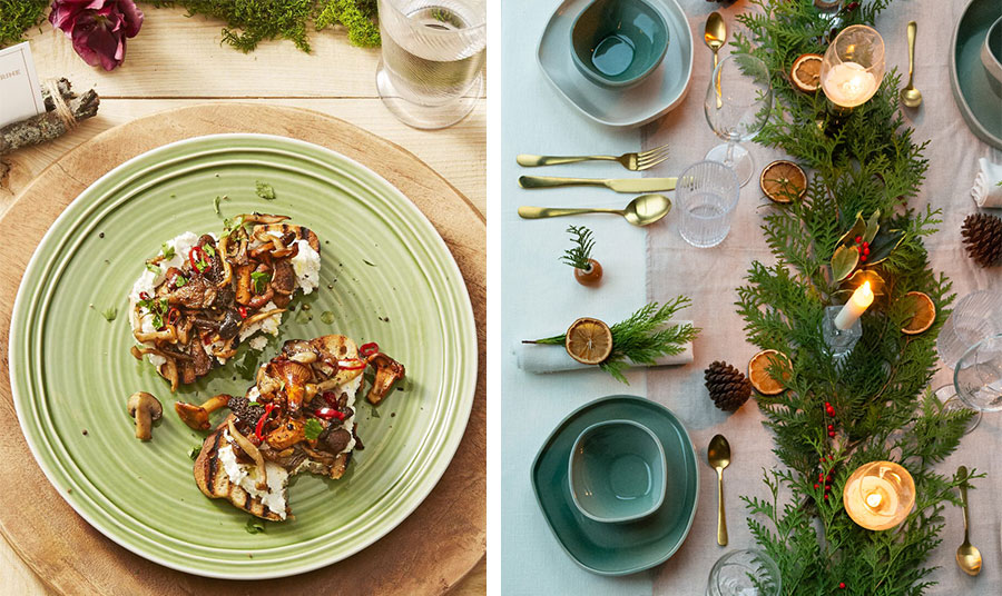 tefal-20xmas-proto-piato Ένα πρώτο πιάτο που θα φτιάχνετε και θα ξαναφτιάχνετε! Χωριάτικο ψωμί με ρουστίκ γεύση και μανιτάρια με τυριά. Το μυστικό η πικάντικη γεύση της καυτερής πιπεριάς που αναδεικνύει το πιάτο // Μία γιρλάντα από πράσινο έλατο στολισμένη με κουκουνάρια και αποξηραμένες ροδέλες πορτοκαλιού θα δημιουργήσει ατμόσφαιρα στο τραπέζι σας