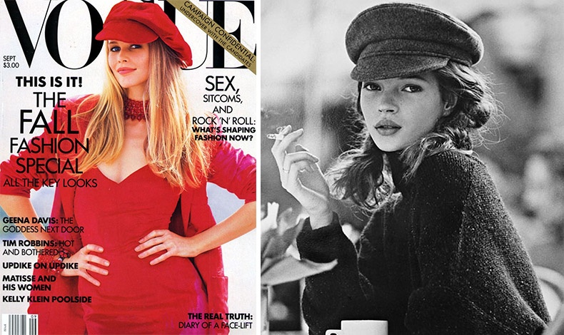 Στη δεκαετία του '90, η τραγιάσκα γίνεται σέξι! Η Κλόντια Σίφερ με κατακόκκινη εμφάνιση στο εξώφυλλο του Vogue Αυστραλίας τον Σεπτέμβριο του 1992 // Η Κέιτ Μος την ίδια εποχή σε φωτογράφηση μόδας