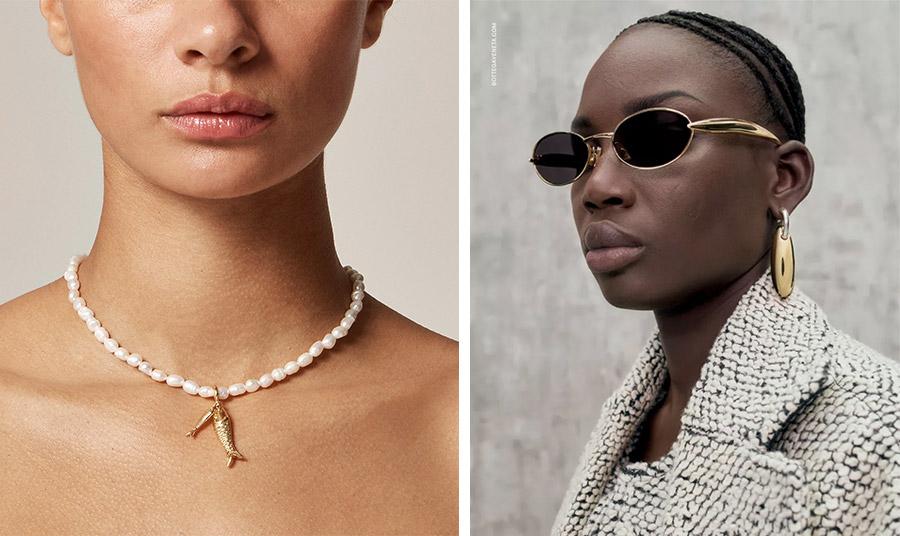 Koλιέ με παντατίφ σαρδέλες, J. Crew // Γυαλιά που θυμίζουν… σαρδέλα, Bottega Veneta