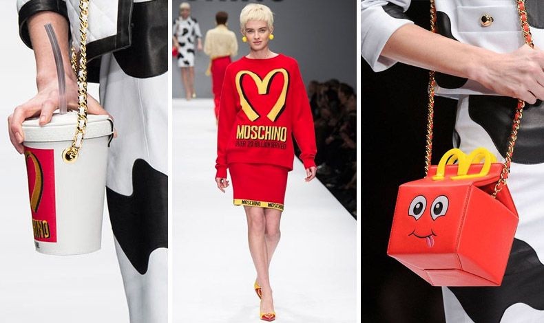 Ρούχα και αξεσουάρ που απεικονίζουν το σχόλιο του οίκου Moschino για την κουλτούρα των McDonalds (φθινόπωρο-χειμώνας 2014)