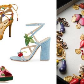 Μικροσκοπικές φράουλες, καρπούζι, κερασάκια στολίζουν τα κίτρινα πέδιλα, Katy Perry // Γαλάζιο πέδιλο με κερασάκι, Gianvitto Rossi // Τακούνι-ανανάς, Dolce& Gabbana // Από τη φετινή συλλογή κοσμημάτων, με πιπερίτσες, μελιτζάνες και κρεμμύδια, Dolce& Gabbana