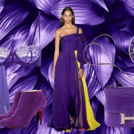 To Ultra Violet είναι ένα γοητευτικό μοβ που χαρίζει μία θεατρική υπόσταση στο στιλ μας! Φόρεμα, Balenciaga // Εσώρουχο, La Perla // Μποτίνια, Christian Louboutin// Μάξι φόρεμα, Carolina Herrera // Ρολόι, Dior // Τσάντα, Hermes