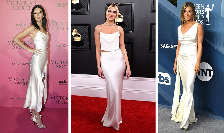 Η Kendal Jenner με λευκό slip dress και αποκαλυπτικό σκίσιμο // Η Dua Lipa και η Jennifer Aniston αποδεικνύουν πόσο ευπροσάρμοστο είναι το μεταξωτό slip dress και γιατί είναι τέλειο για βραδινές εμφανίσεις