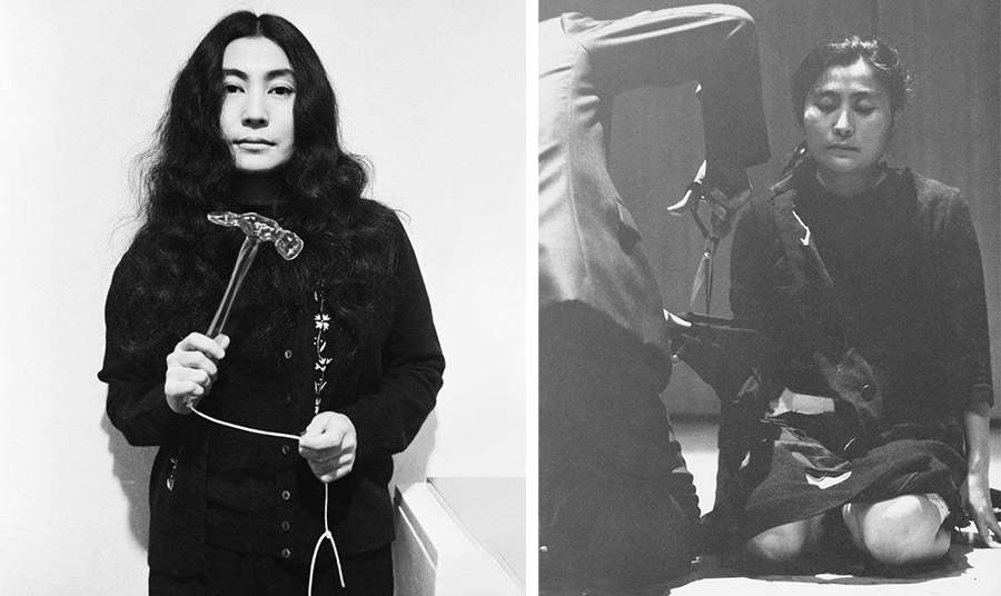 Yoko Ono with Glass Hammer 1967 από το HALF-A-WIND SHOW, Lisson Gallery, Λονδίνο, 1967. Φωτογραφία © Clay Perry / Artwork © Yoko Ono // Yoko Ono Cut Piece 1964, φωτογραφήθηκε στις 11 Αυγούστου 1964, τυπώθηκε το 2024 Ερμηνεύει η Yoko Ono στην αποχαιρετιστήρια συναυλία Yoko Ono: Strip Tease Show, Sogetsu Art Center, Ευγενική παραχώρηση της © Yoko Ono Φωτογραφία από Minoru Hirata